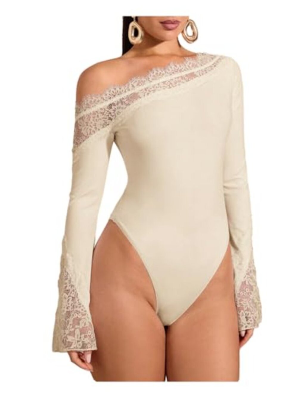 Women's Lace One Shoulder Long Sleeve Bodysuit Dressy Leotard Top